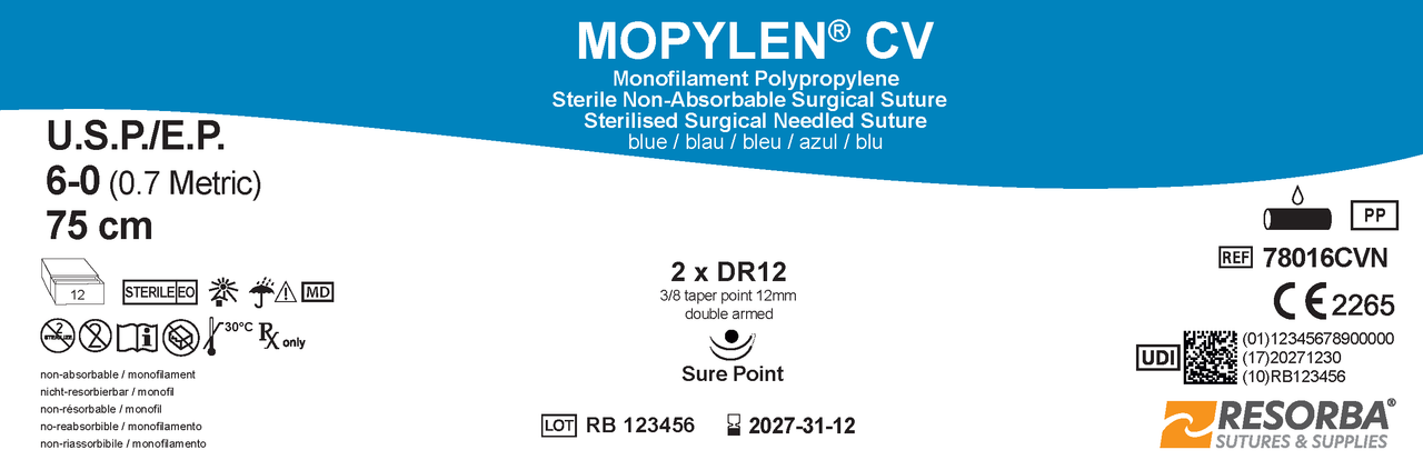 Мопілен CV USP 6-0 синій, довж. 75см, дві колючі голки Sure Point 12мм, 3/8 кола